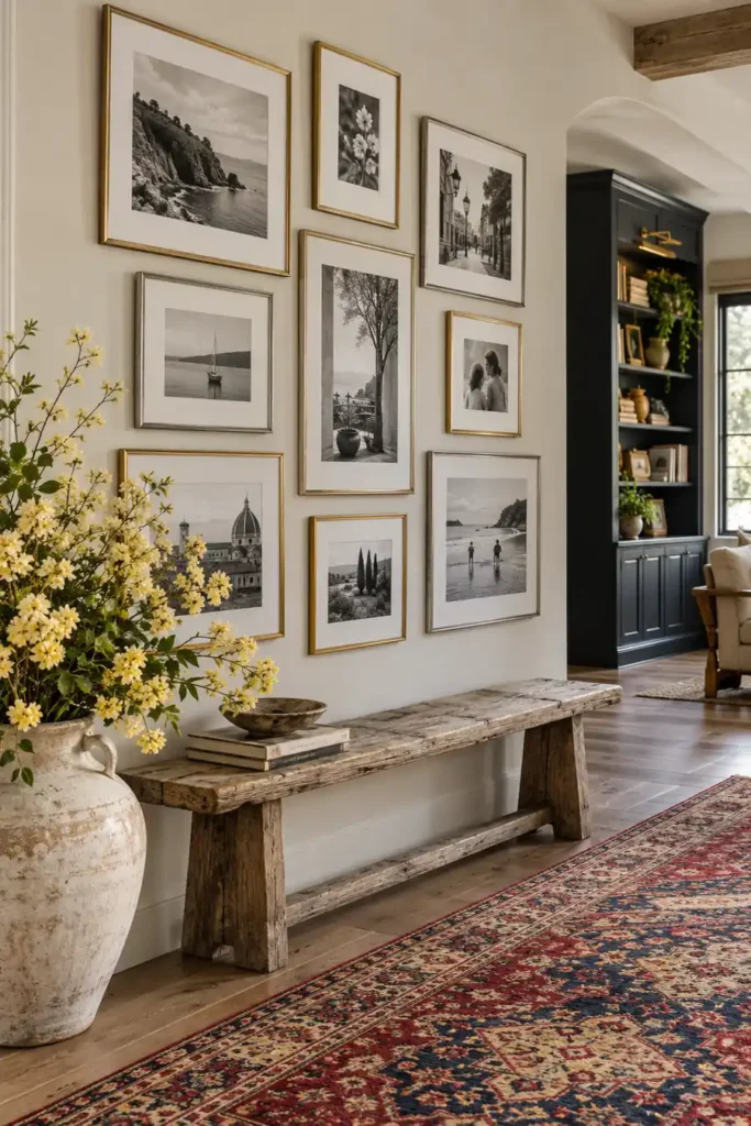 10 Decorating Mistakes That Make Your Home Look Cheap (And How to Fix Them) 6 Personal gallery wall featuring nine black-and-white framed photographs, a rustic wooden bench, a ceramic vase of yellow flowers, and a colorful patterned rug.