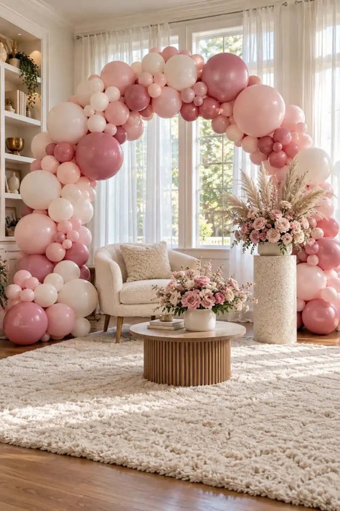 9 DIY Balloon Arch Party Decor Ideas for Every Celebration 8 Large pink and white balloon arch framing a cream accent chair, round wooden table, pink floral arrangements, and bright living room windows.