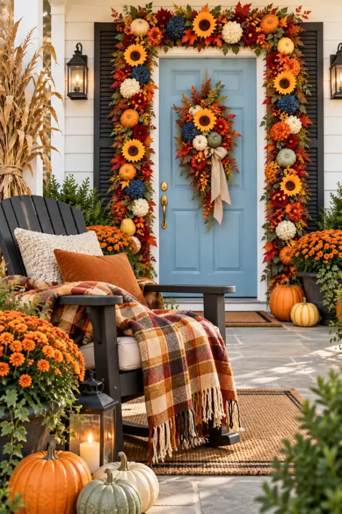 5 Fall Front Door Decor Ideas for a Warm and Welcoming Entry 6 Porch chair with a soft plaid throw beside a pale blue front door for a cozy fall entry look.