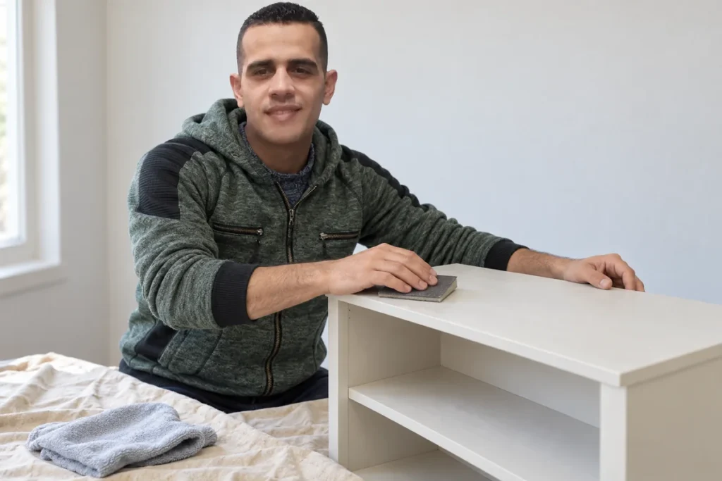 How to Give an IKEA BILLY Bookcase Wall a Built-In Look with Trim and Teal Paint 8 Mohammed Ayyad lightly preparing a smooth bookcase surface before cleaning and priming