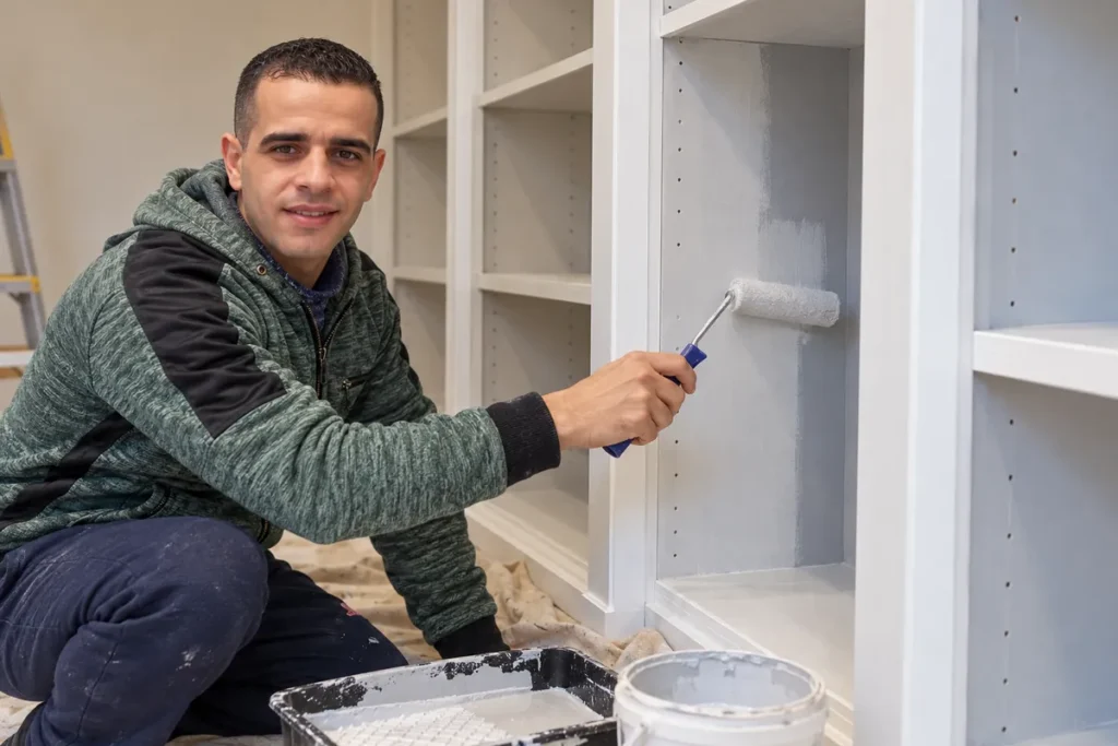 How to Give an IKEA BILLY Bookcase Wall a Built-In Look with Trim and Teal Paint 13 Mohammed Ayyad applying primer to a prepared bookcase surface beside fitted trim