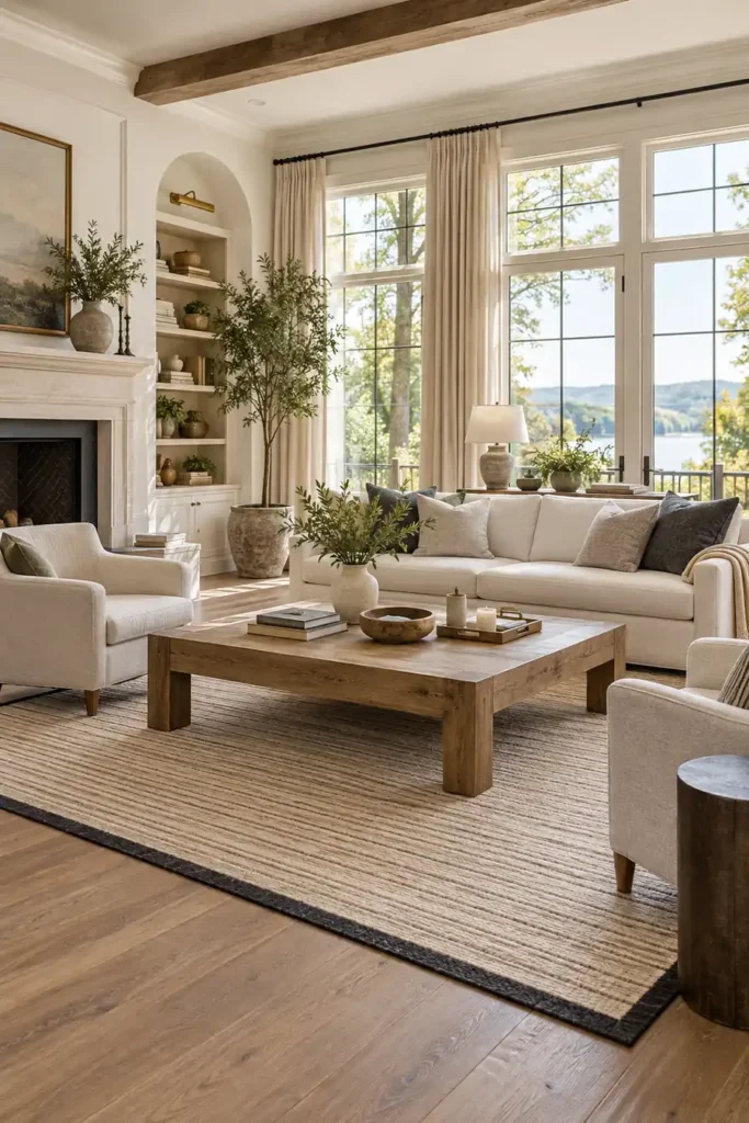 10 Decorating Mistakes That Make Your Home Look Cheap (And How to Fix Them) 8 Bright living room with a large striped area rug extending beneath a pale sofa, accent chairs, and rectangular wooden coffee table.