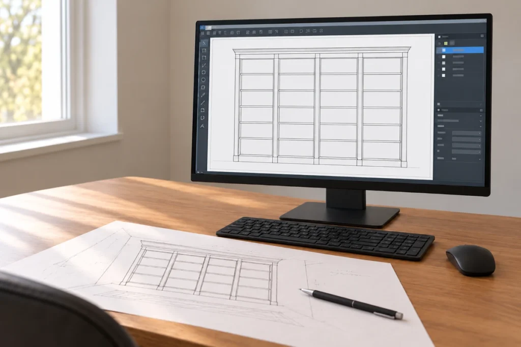 How to Give an IKEA BILLY Bookcase Wall a Built-In Look with Trim and Teal Paint 4 Four-bay bookcase front drawing reviewed in a 2D CAD workspace at a desk