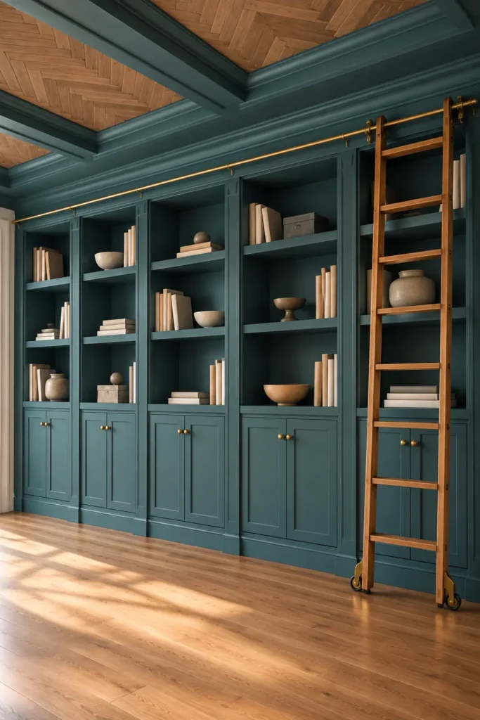 How to Finish a DIY IKEA Billy Bookcase Library Wall as One Cohesive Space 7 Teal library wall with rolling ladder and herringbone ceiling detail shown as a coordinated design