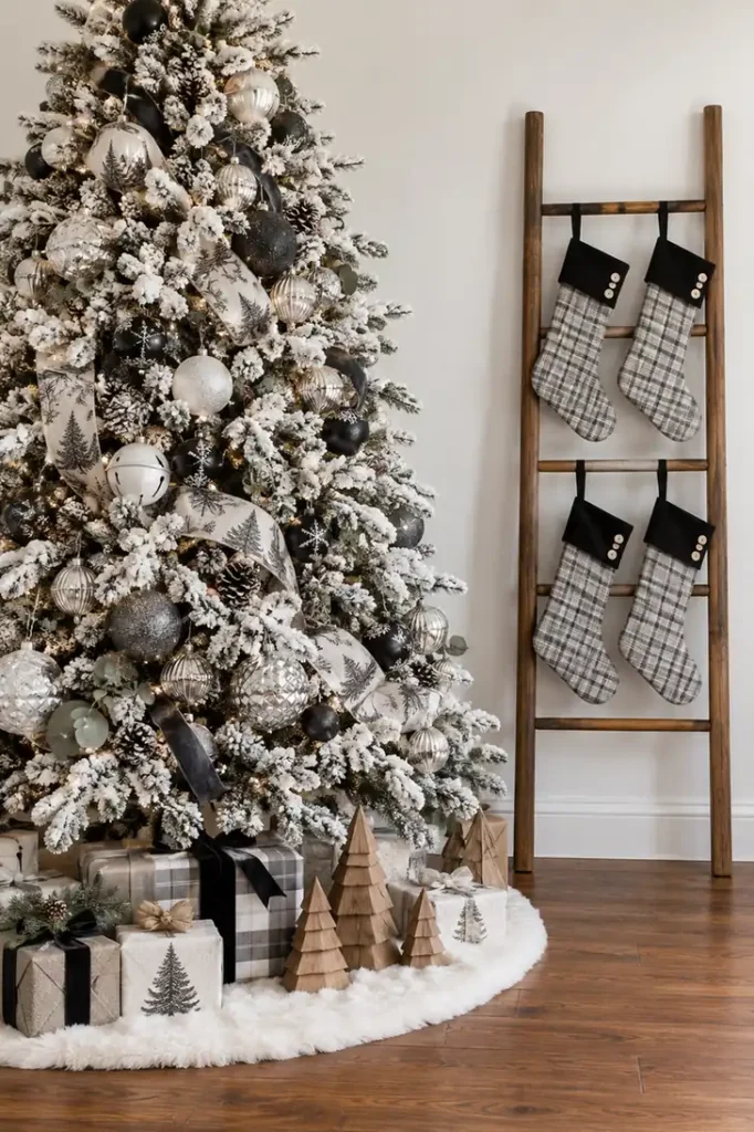 Rustic wooden quilt ladder holding four black-and-gray handmade Christmas stockings beside a flocked tree decorated with silver and white ornaments.
