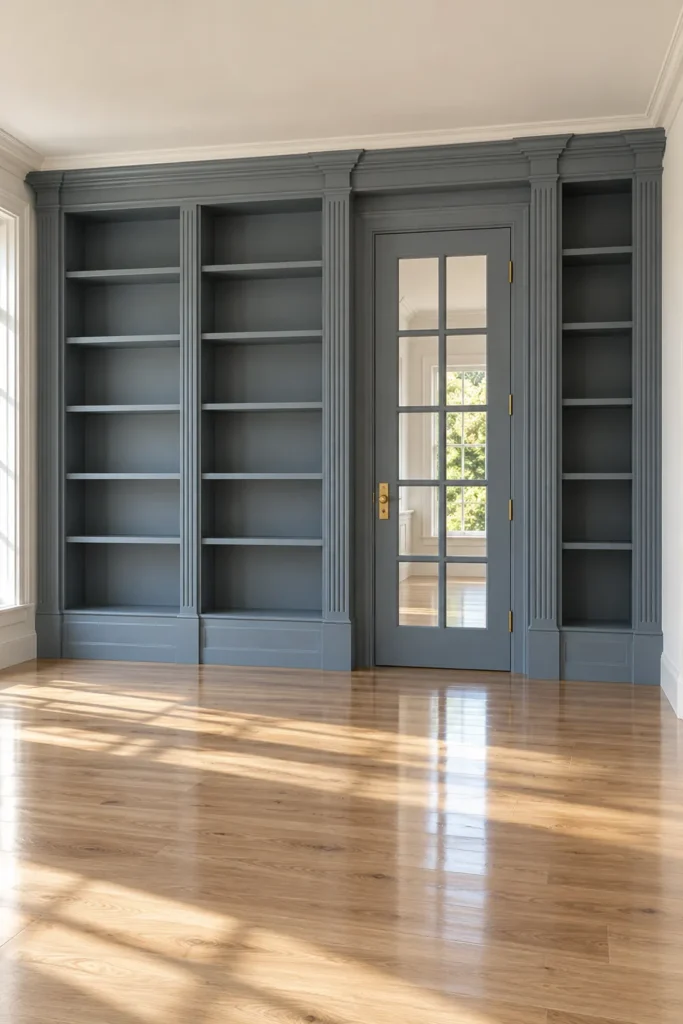 Bookshelf Paint Color Ideas: Dark Wood and Smoky Blue Built-Ins 3 Smoky blue-gray built-in bookshelves and matching glass-paneled door with brass hardware and pale wood flooring.