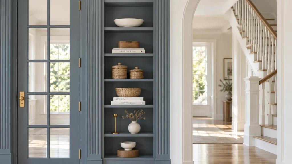 Bookshelf Paint Color Ideas: Dark Wood and Smoky Blue Built-Ins 4 Styled smoky blue-gray built-in bookshelf beside a glass door and white arched staircase with pale wood steps.
Bookshelf Paint Color Ideas