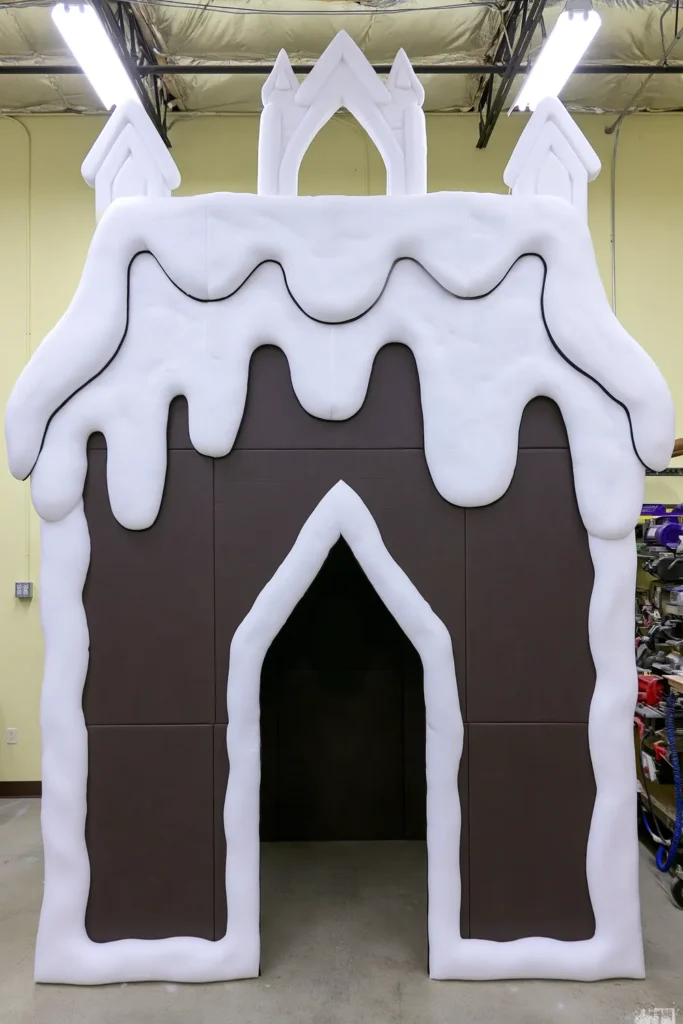 Thick white carved foam snow edging with scalloped curves covering the roofline of a brown gingerbread house entrance.