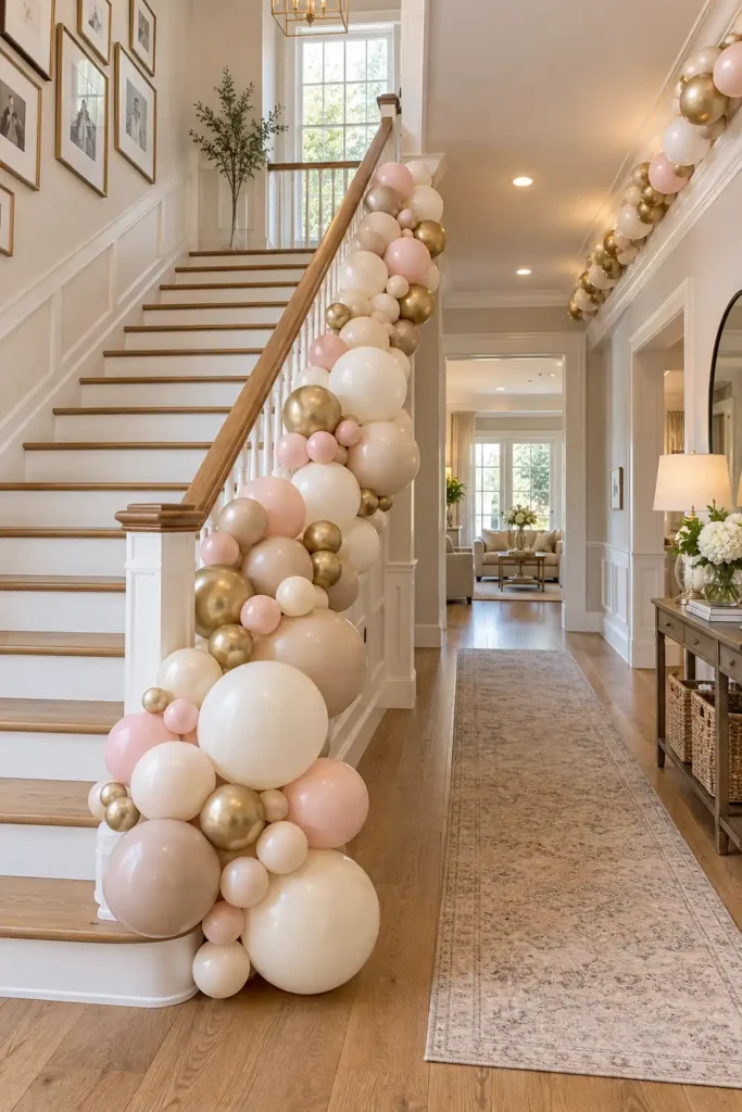9 DIY Balloon Arch Party Decor Ideas for Every Celebration 9 Elegant staircase and ceiling balloon garlands in ivory, champagne, blush pink, and gold decorating a wooden stair railing and bright residential hallway.