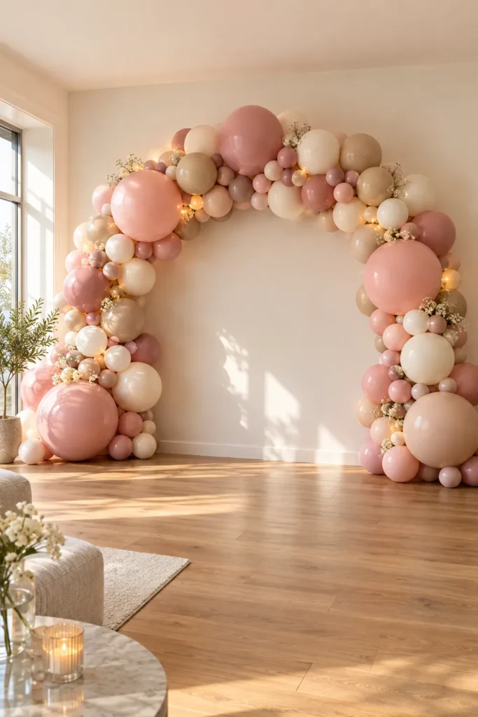 9 DIY Balloon Arch Party Decor Ideas for Every Celebration 6 Large statement balloon arch mounted on a white party wall with blush pink, dusty rose, cream, and champagne balloon clusters and subtle warm accent lighting.