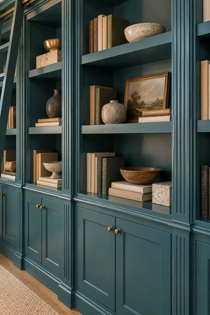 How to Finish a DIY IKEA Billy Bookcase Library Wall as One Cohesive Space 8 Styled teal bookcase shelves with books, simple objects, lower doors, and brass knobs