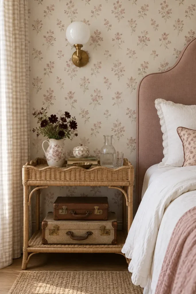 10 Decorating Mistakes That Make Your Home Look Cheap (And How to Fix Them) 4 Vintage-inspired bedroom with dusty pink floral wallpaper, scalloped rattan bedside table, brass wall sconce, vintage luggage, and muted pink upholstered headboard.