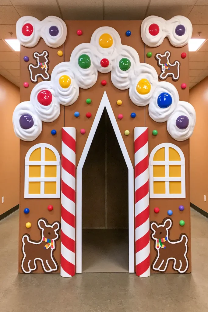 Symmetrical life-sized gingerbread house entrance with white snowy roof edging, striped peppermint columns, yellow windows, colorful gumballs, and giant cookie figures.