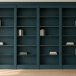 IKEA BILLY built-in trim and paint concept with four teal bays and continuous crown moulding