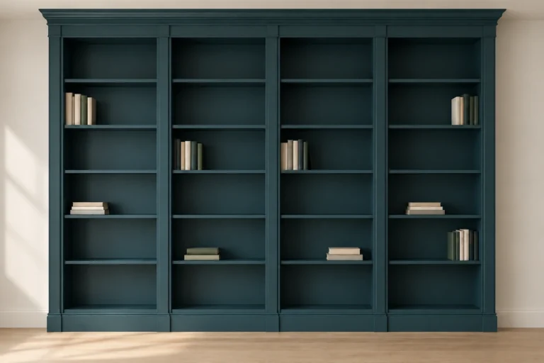 How to Give an IKEA BILLY Bookcase Wall a Built-In Look with Trim and Teal Paint 13 IKEA BILLY built-in trim and paint concept with four teal bays and continuous crown moulding