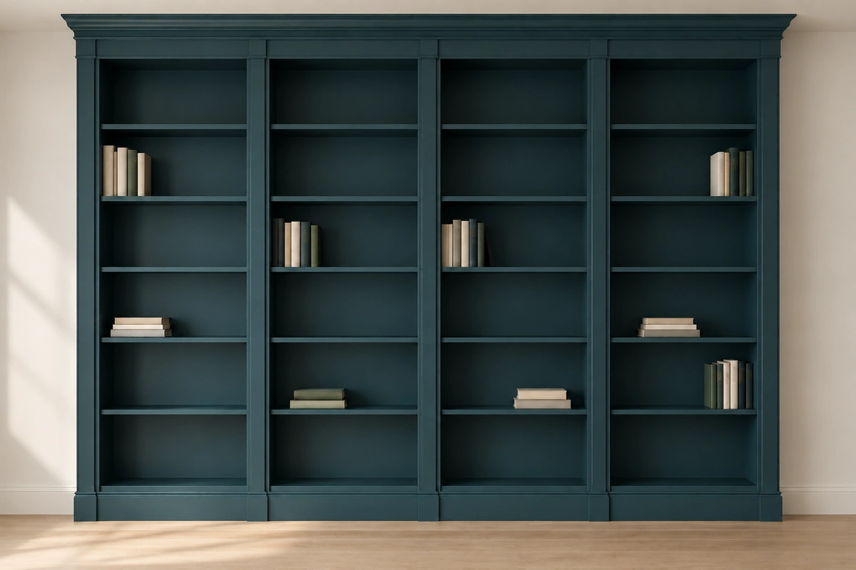 How to Give an IKEA BILLY Bookcase Wall a Built-In Look with Trim and Teal Paint 1 IKEA BILLY built-in trim and paint concept with four teal bays and continuous crown moulding