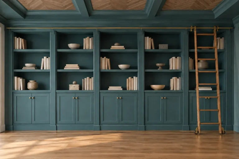 How to Finish a DIY IKEA Billy Bookcase Library Wall as One Cohesive Space 14 DIY IKEA Billy bookcase library wall painted teal with lower doors, brass knobs, trim, crown moulding, and a rolling ladder