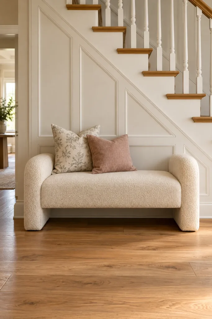 10 Decorating Mistakes That Make Your Home Look Cheap (And How to Fix Them) 5 Cream boucle bench with rounded arms and soft decorative pillows beneath a staircase featuring white wall molding, wooden steps, and warm hardwood flooring.