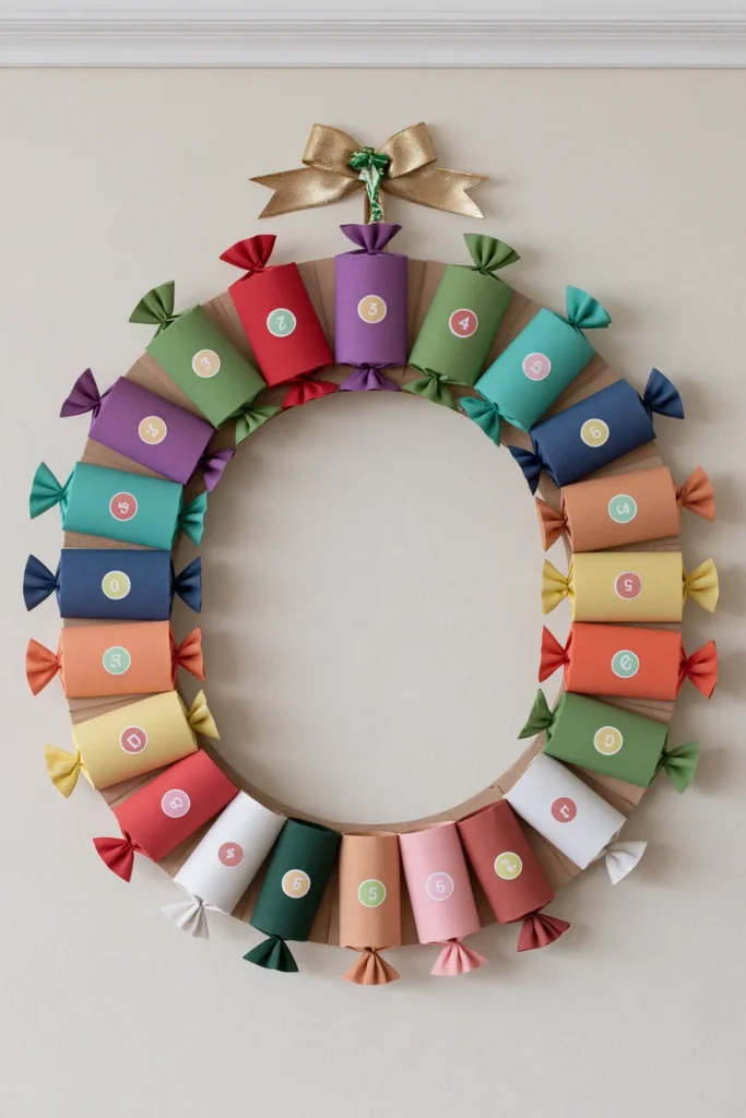 Colorful DIY advent calendar wreath made from toilet paper rolls wrapped in crepe paper like candies, with numbered stickers and a gold ribbon bow.