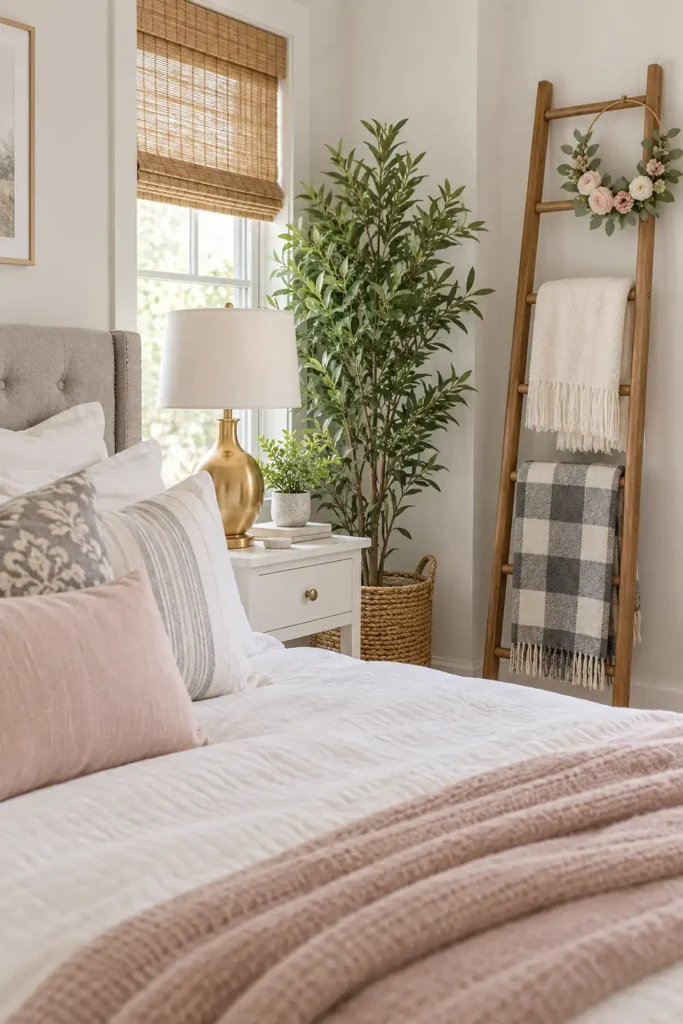 Wooden blanket ladder with gray checkered and white throws, decorated with a floral hoop wreath beside a leafy plant in a bright neutral bedroom.